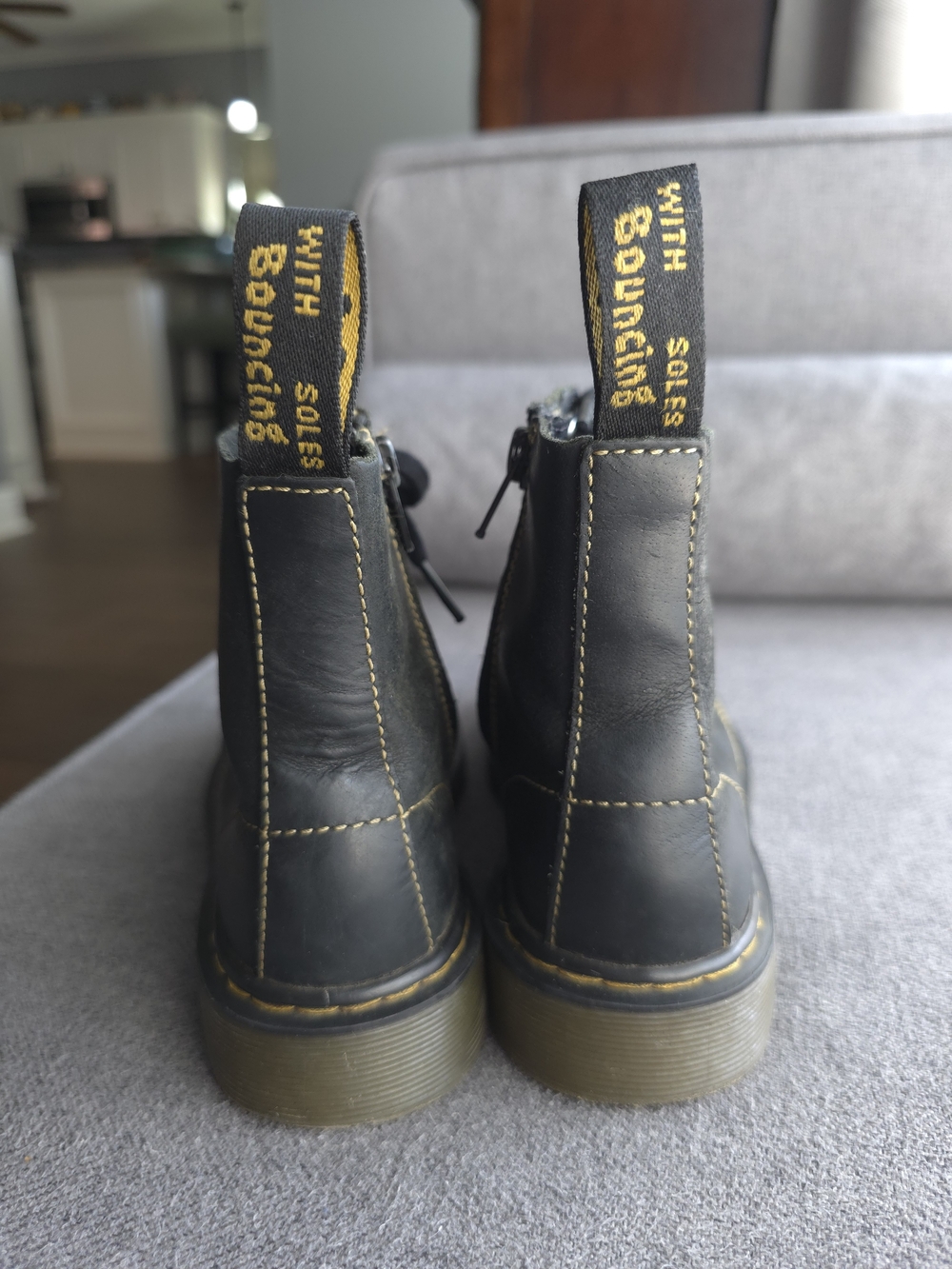 Dr. Martens Kid's Black Leather Lace-Up Boots with Yellow Stitching